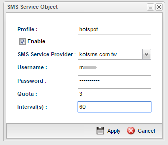 a screenshot of Vigor3900 SMS Service Object
